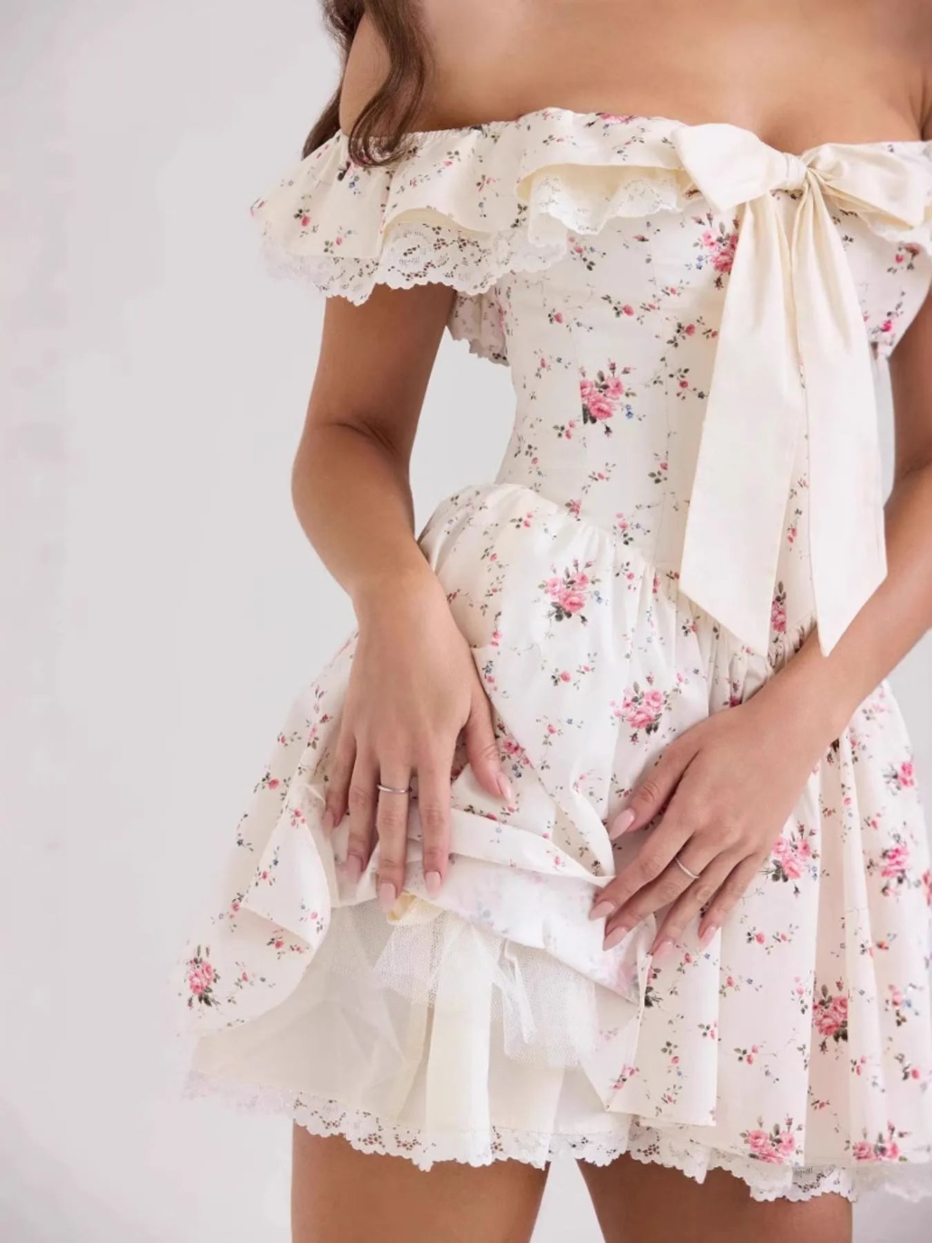 Off-Shoulder Floral Lace Trim Mini Dress - Blushé Belle