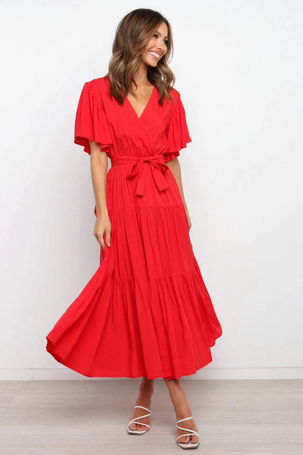Front Tie Short Sleeve Tiered Midi Dress - Blushé Belle