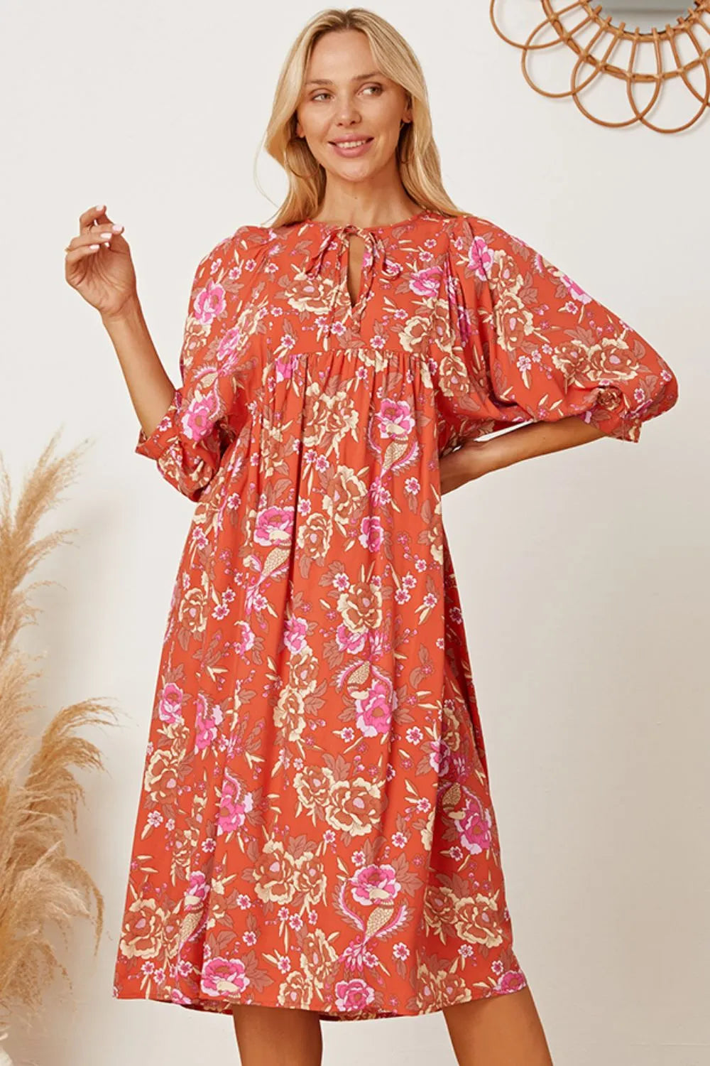 Floral Tie Neck Half Sleeve Dress - Blushé Belle