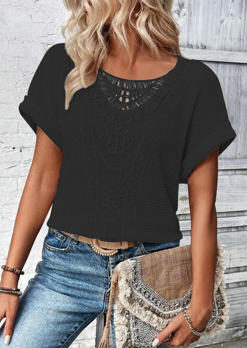 Crochet Lace Short Sleeve Casual T-Shirt - Blushé Belle
