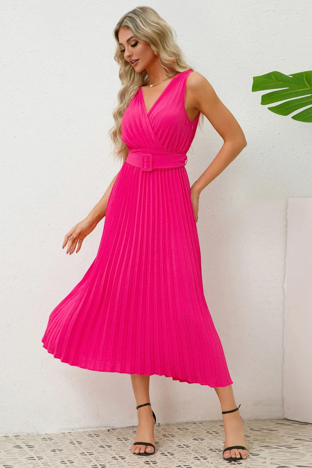 Surplice Sleeveless Midi Pleated Dress - Blushé Belle