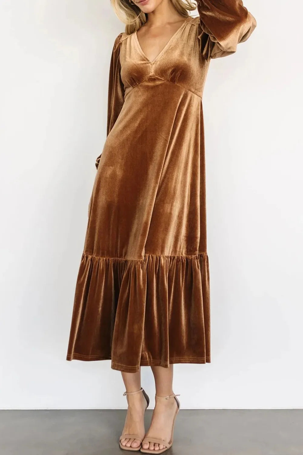 V-Neck Long Sleeve Midi Velvet Dress - Blushé Belle