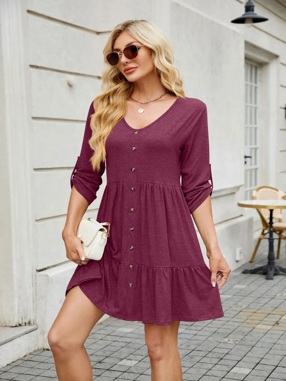 Tiered Ruched V-Neck Mini Dress - Blushé Belle