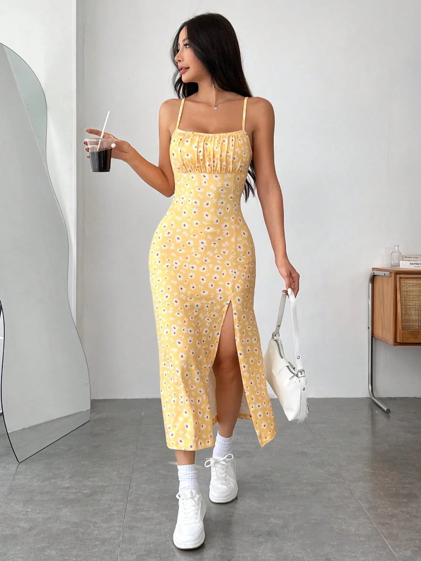Daisy Print Cami Midi Dress with Slit - Blushé Belle