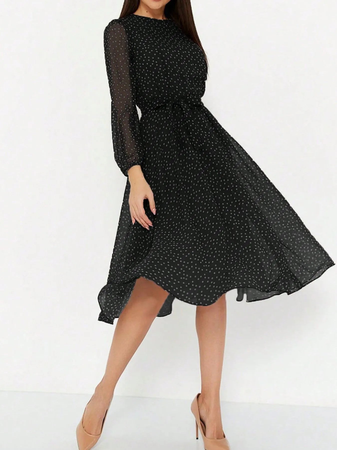 Polka Dot Long Sleeve Midi Dress - Blushé Belle