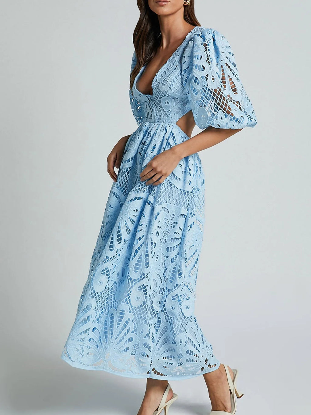 Cutout Back Lace Crochet V-Neck Dress - Blushé Belle