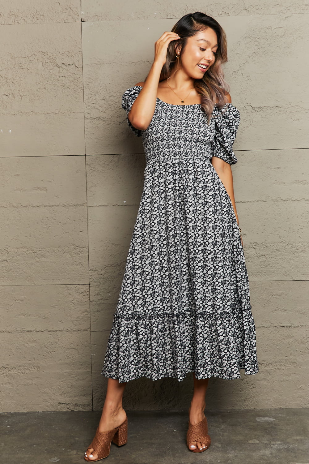 Perfee Floral Lace-Up Off-Shoulder Midi Dress - Blushé Belle