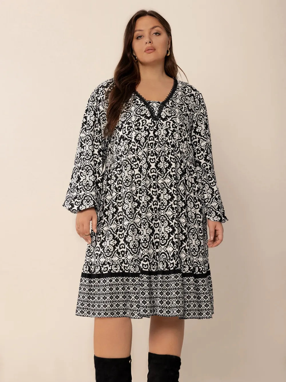 Plus Size Lace Detail Printed Balloon Sleeve Dress - Blushé Belle
