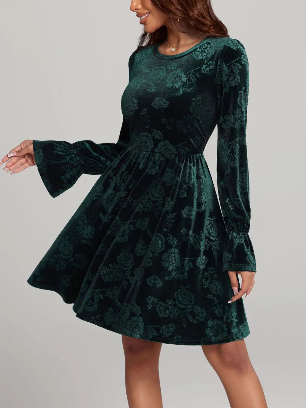 Tied Flower Print Round Neck Flounce Sleeve Dress - Blushé Belle