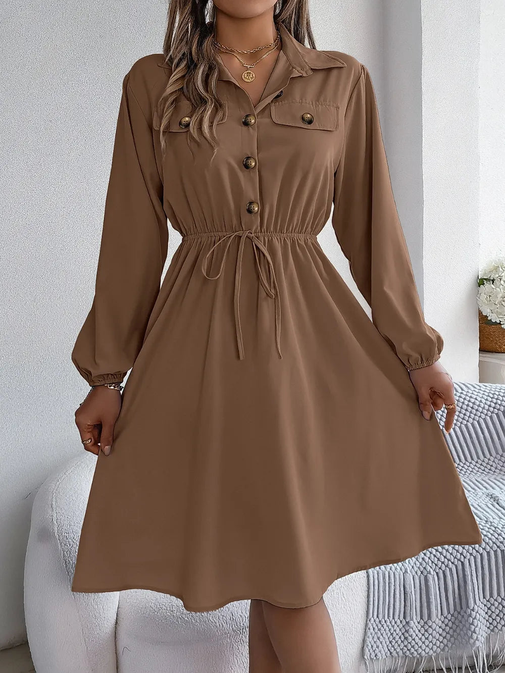 Collared Neck Long Sleeve Dress with Pockets - Blushé Belle