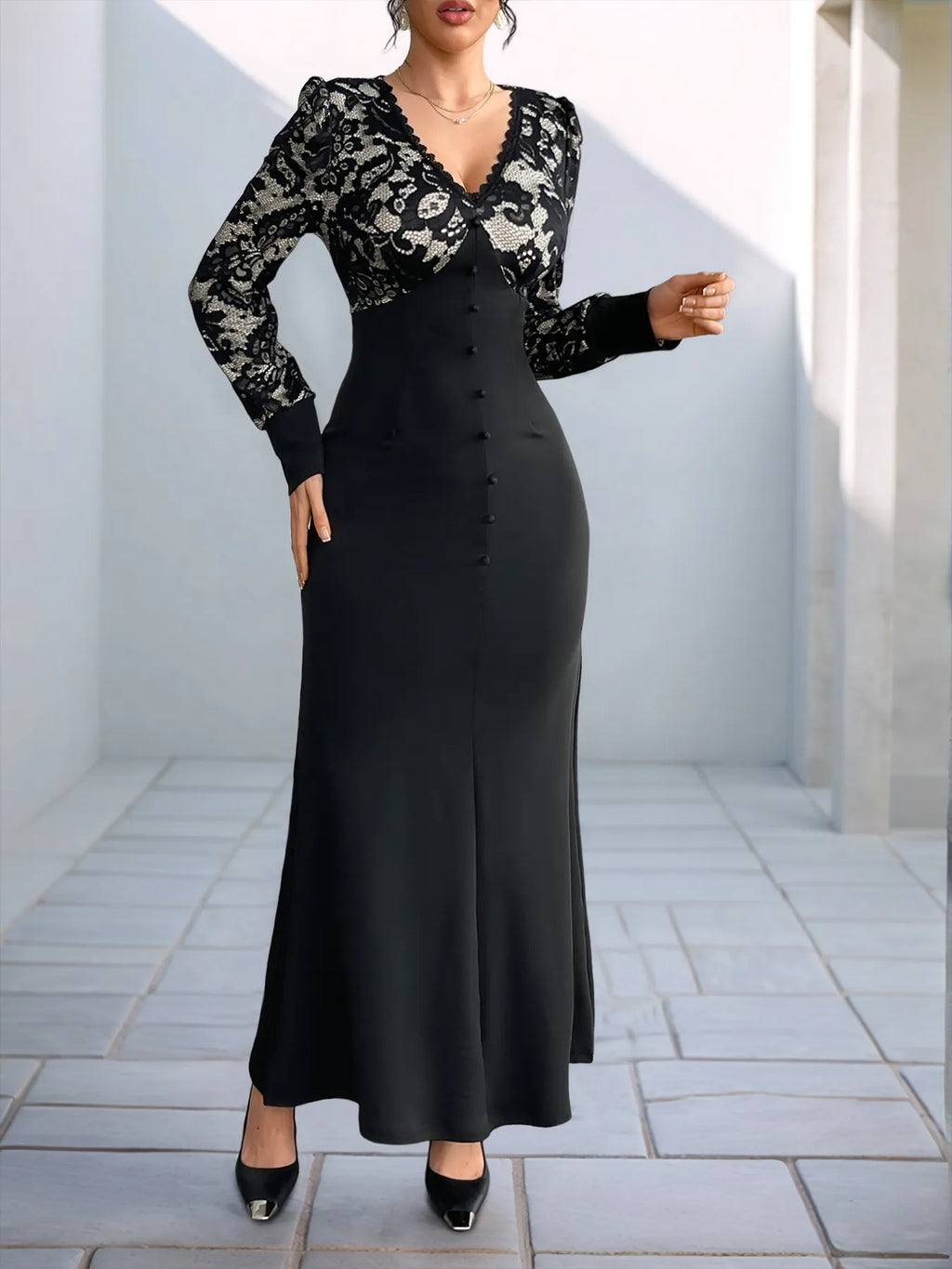 Lace V-Neck Long Sleeve Maxi Dress - Blushé Belle