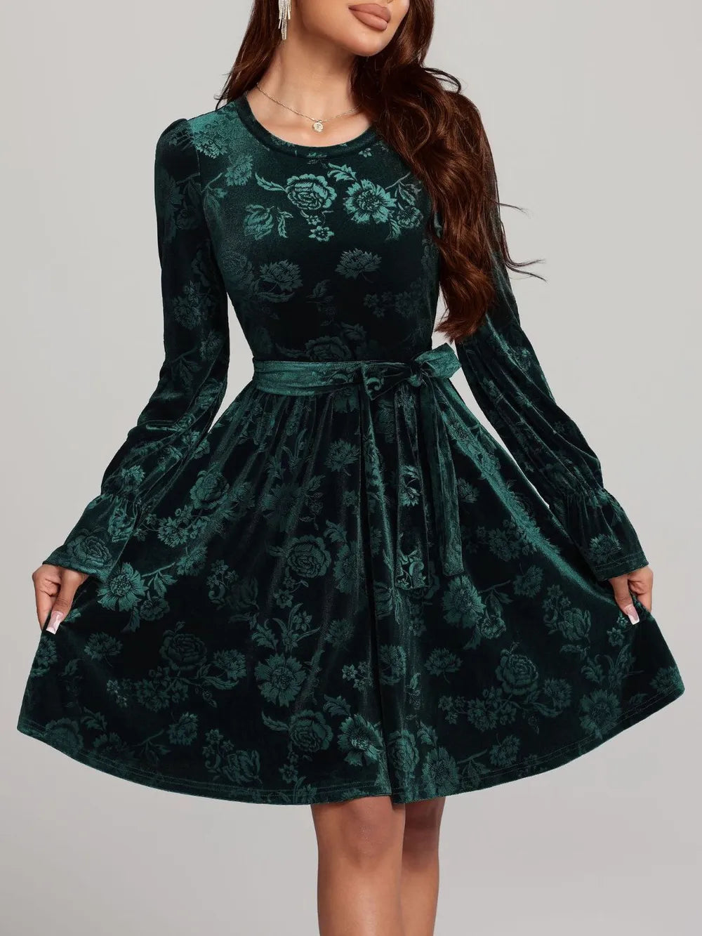 Tied Flower Print Round Neck Flounce Sleeve Dress - Blushé Belle