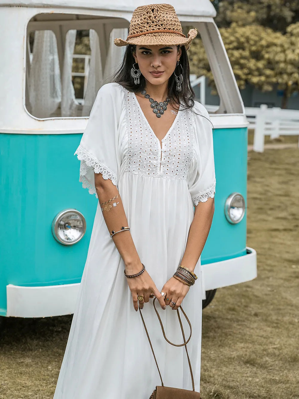 Lace Detail Eyelet V-Neck Half Sleeve Dress - Blushé Belle