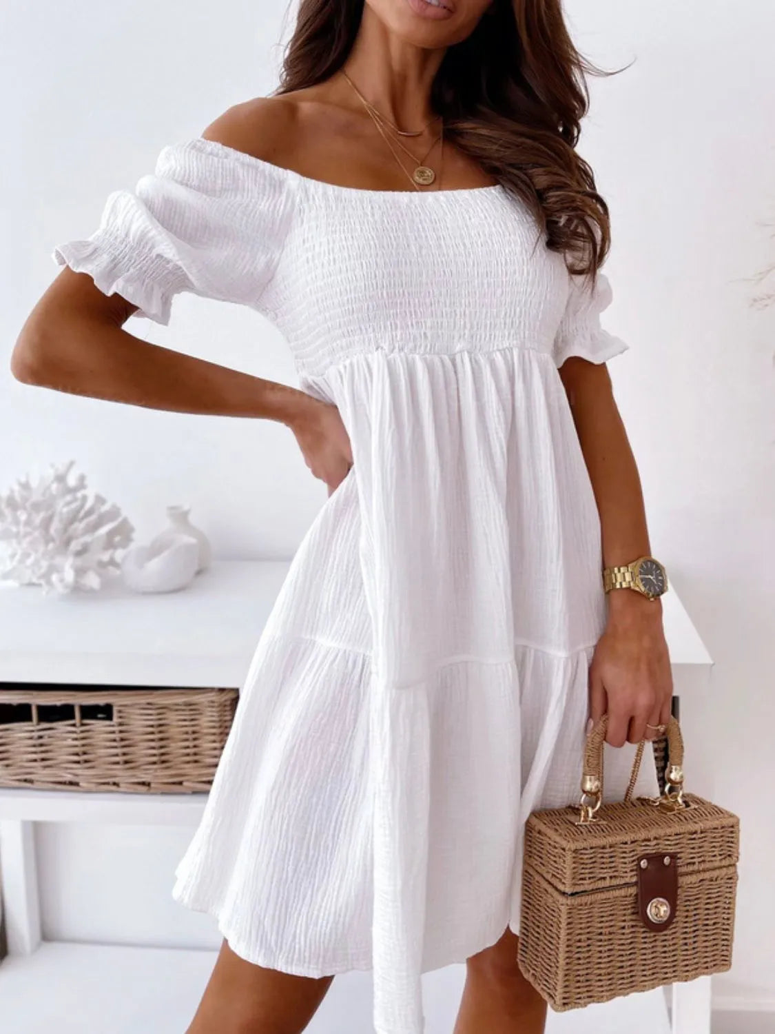 Smocked Off-Shoulder Mini Dress - Blushé Belle