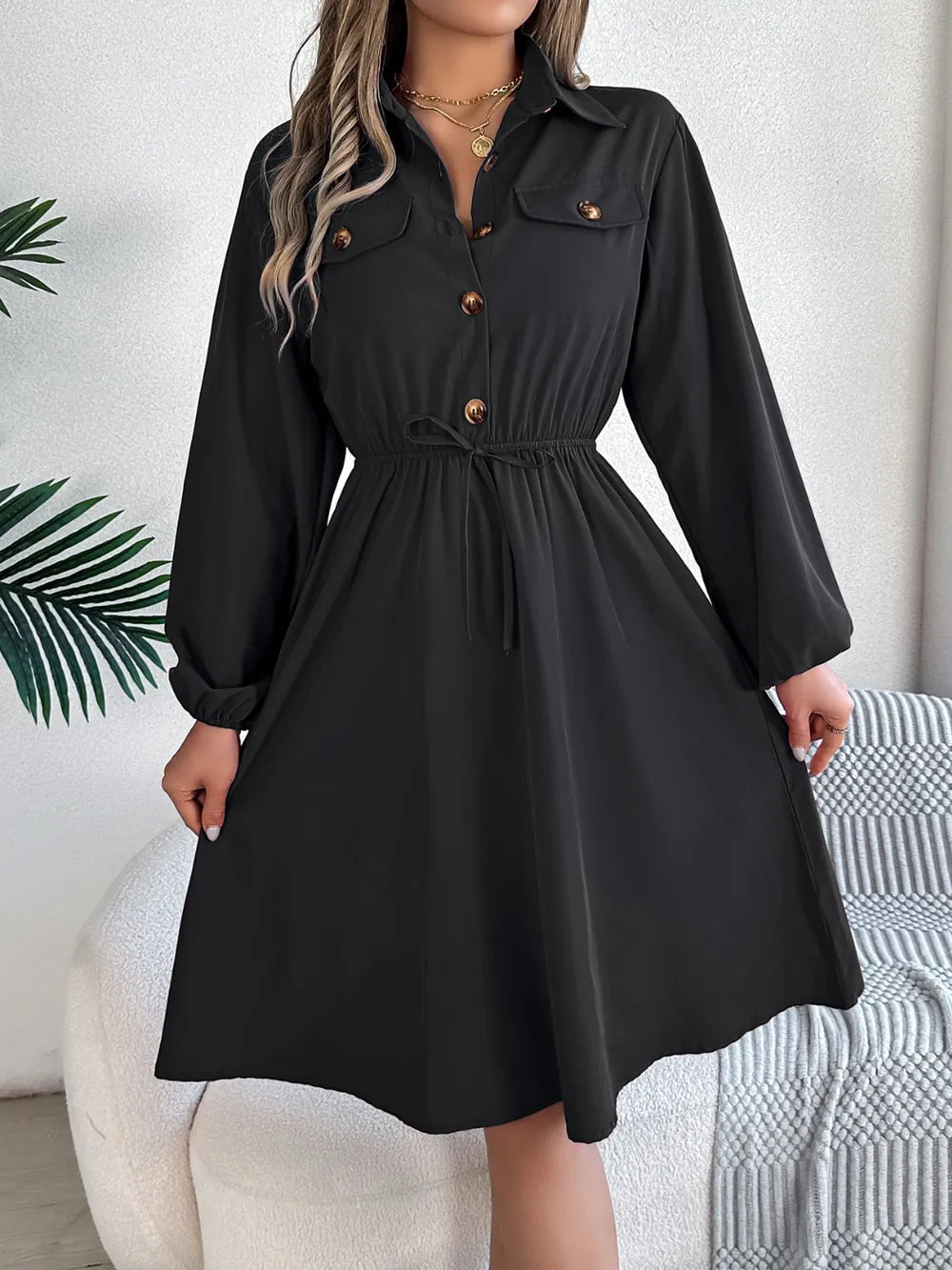 Collared Neck Long Sleeve Dress with Pockets - Blushé Belle