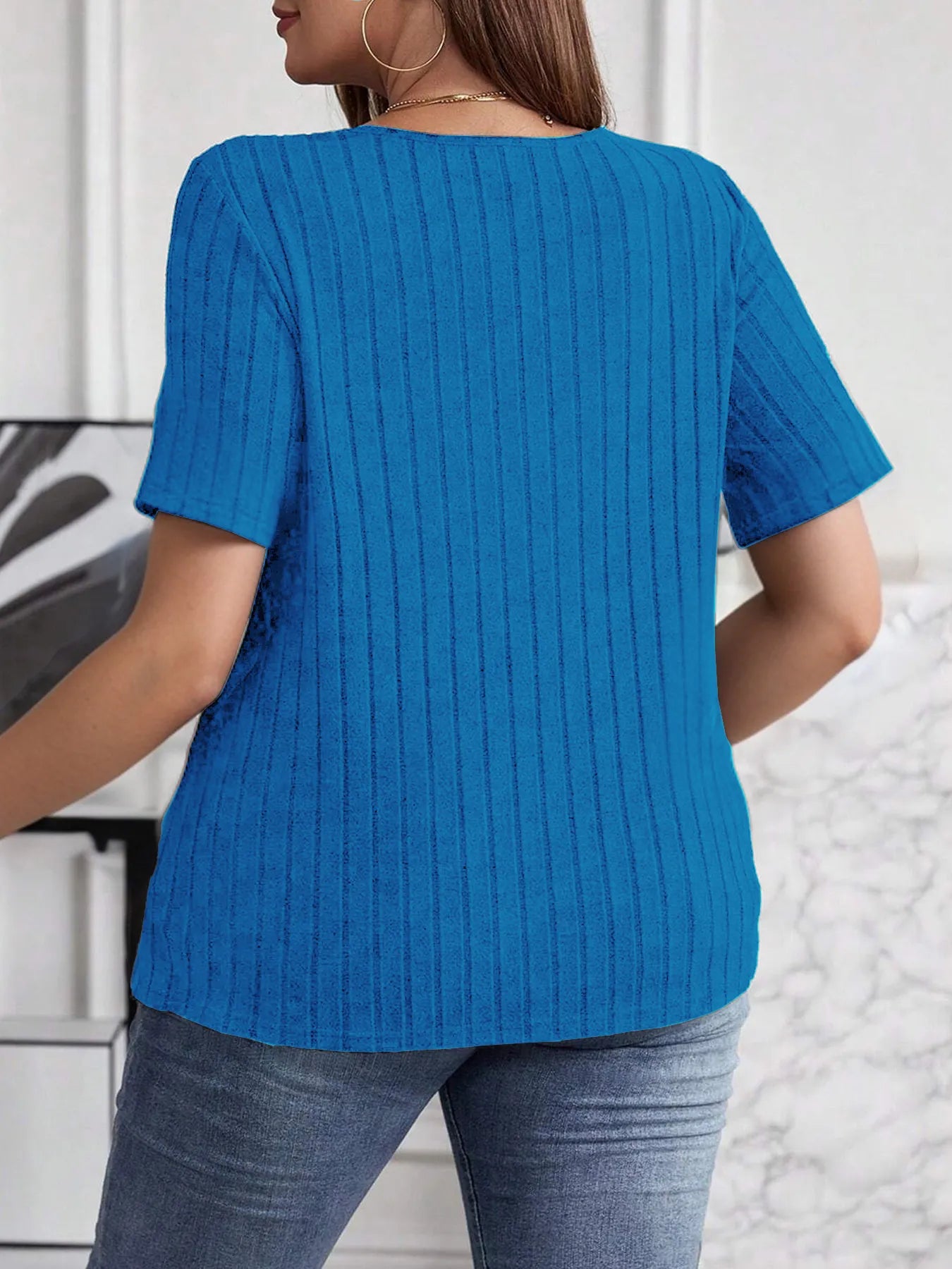 Plus Size V-Neck Short Sleeve Ribbed T-Shirt - Blushé Belle