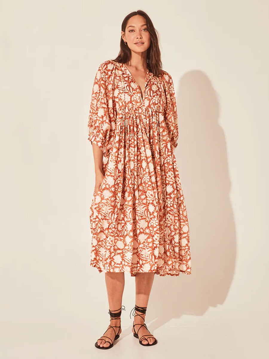 Floral Tie Neck Lantern Sleeve Dress - Blushé Belle