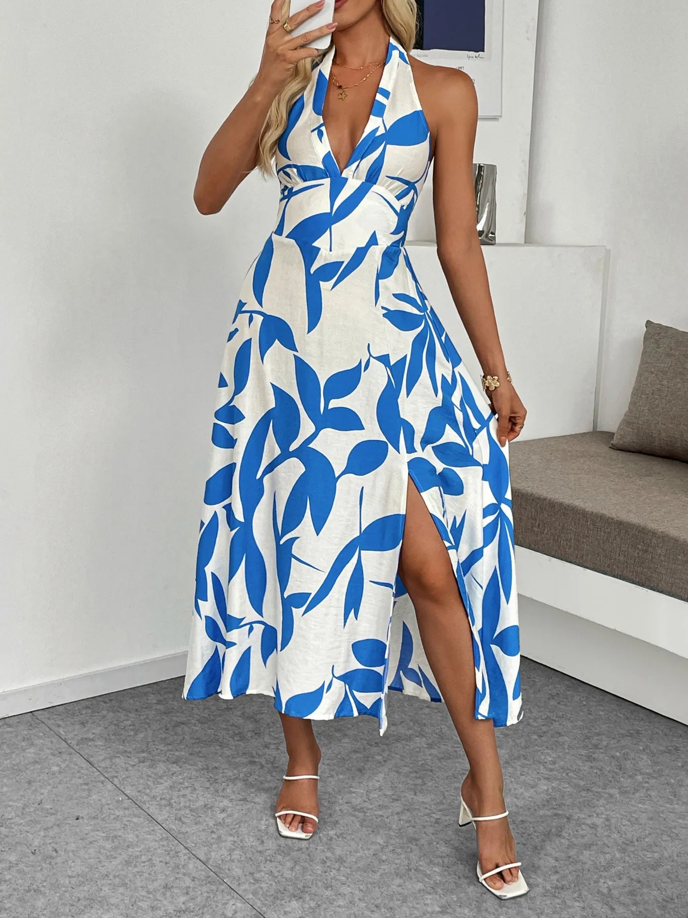 Leaf Print Halter Neck Midi Dress - Blushé Belle