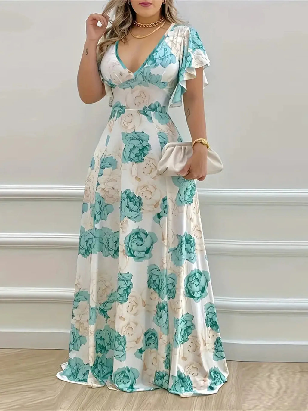 Plus Size Floral Print V-Neck Maxi Dress with Flutter Sleeves - Blushé Belle
