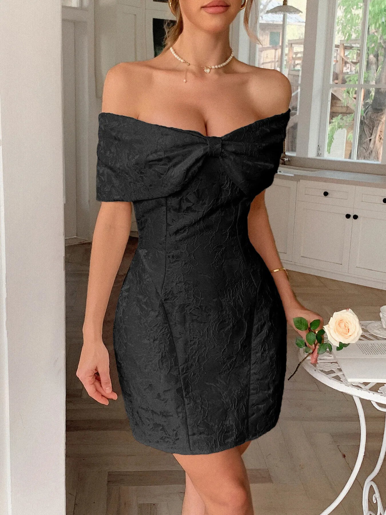 Bow Off-Shoulder Textured Mini Dress - Blushé Belle