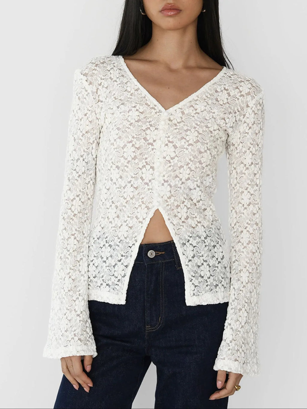 Lace V-Neck Flare Sleeve T-Shirt - Blushé Belle