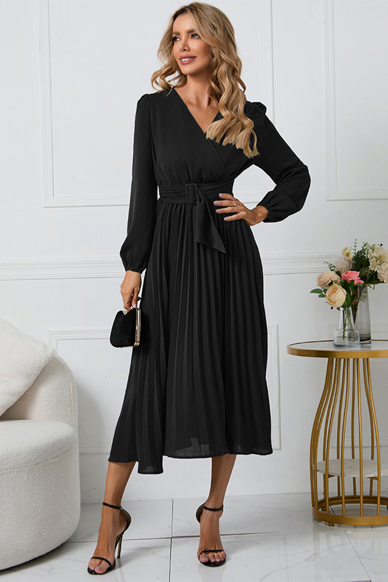 V-Neck Long Sleeve Tie Waist Midi Dress - Blushé Belle