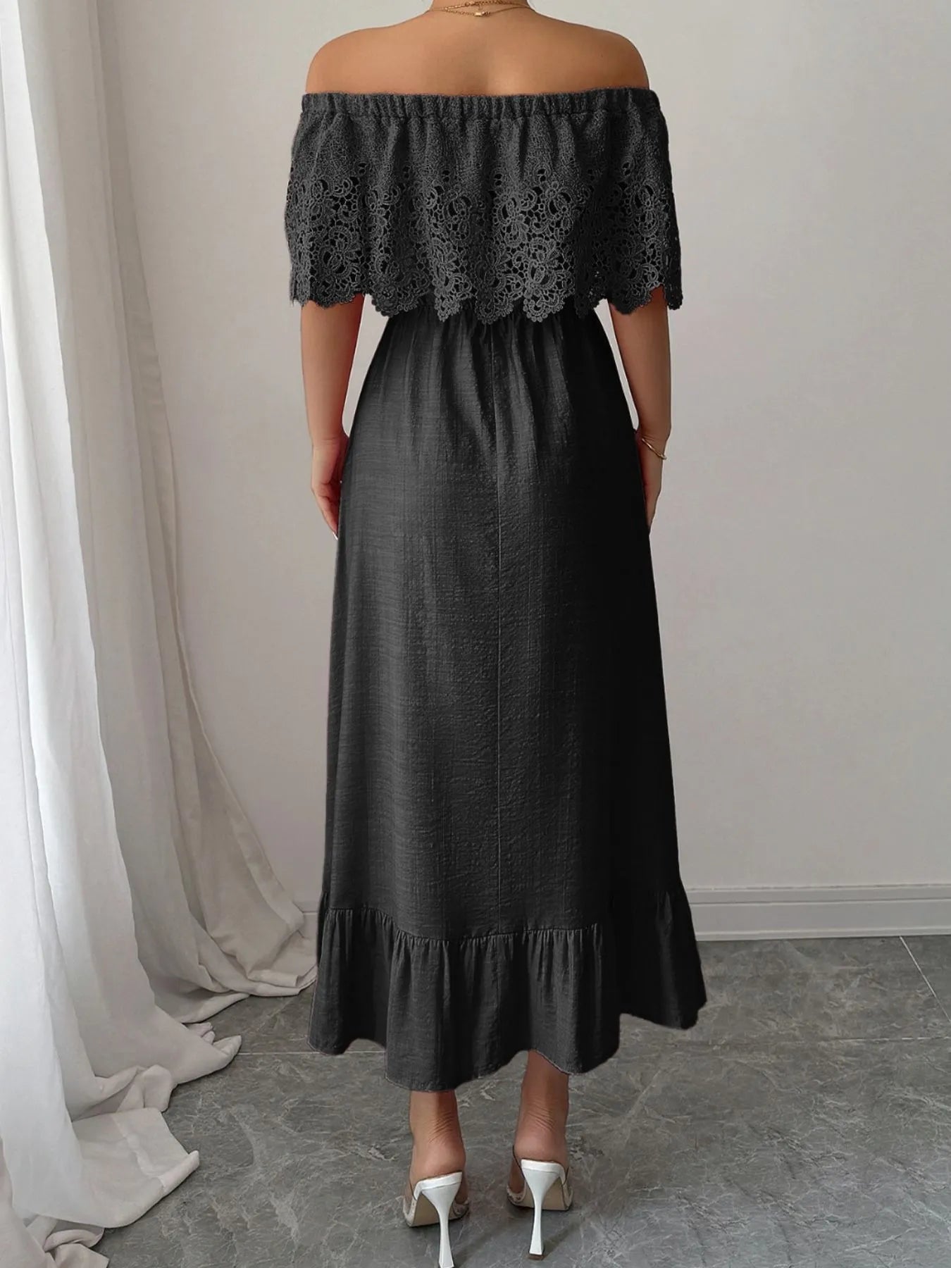 Off-Shoulder Lace Ruffle Midi Dress - Blushé Belle