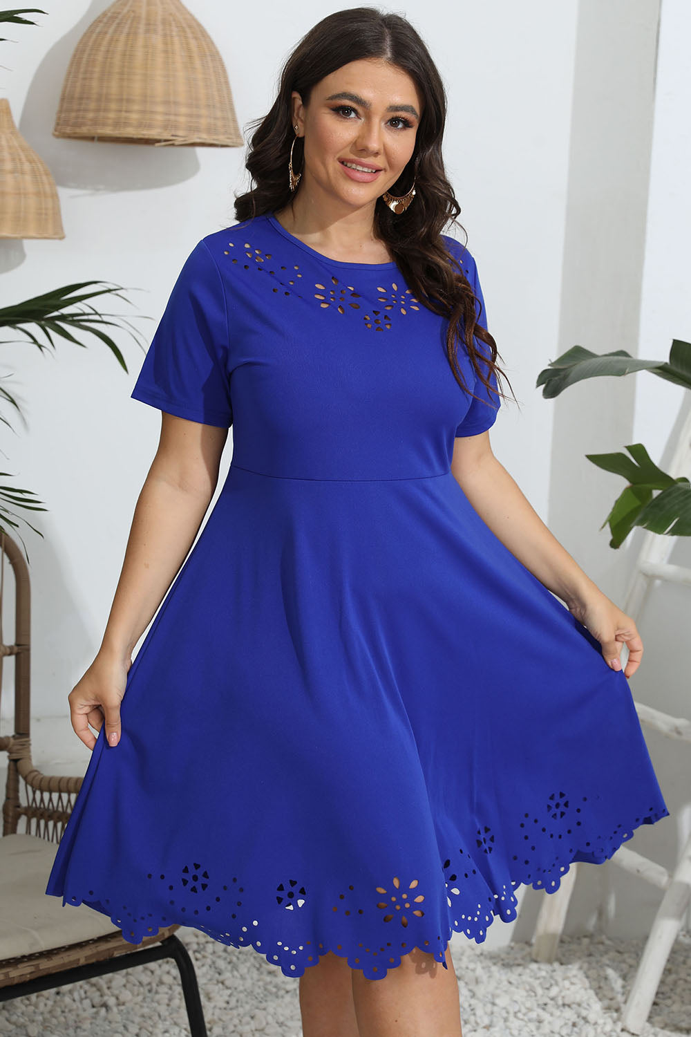 Plus Size Round Neck Openwork Dress - Blushé Belle
