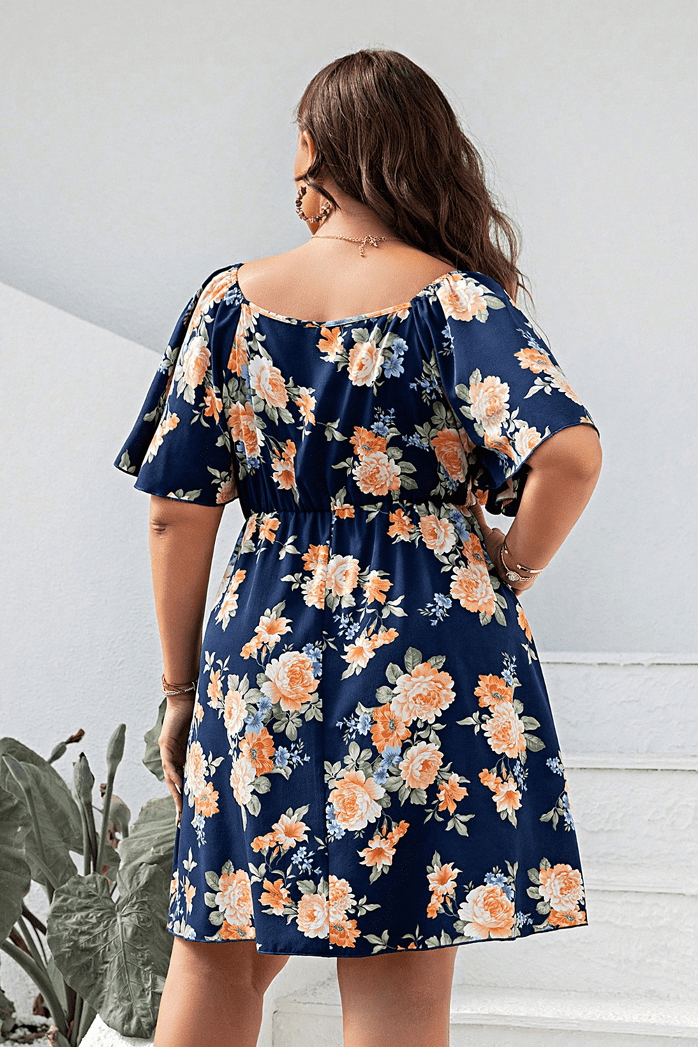 Plus Size Floral Print V-Neck Flutter Sleeve Mini Dress - Blushé Belle