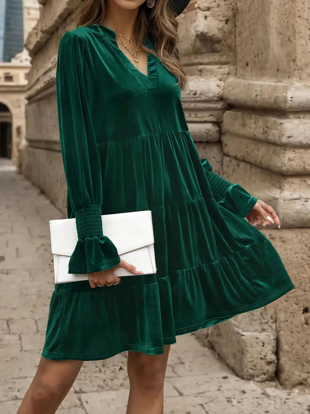 Perfee Notched Long Sleeve Tiered Dress - Blushé Belle