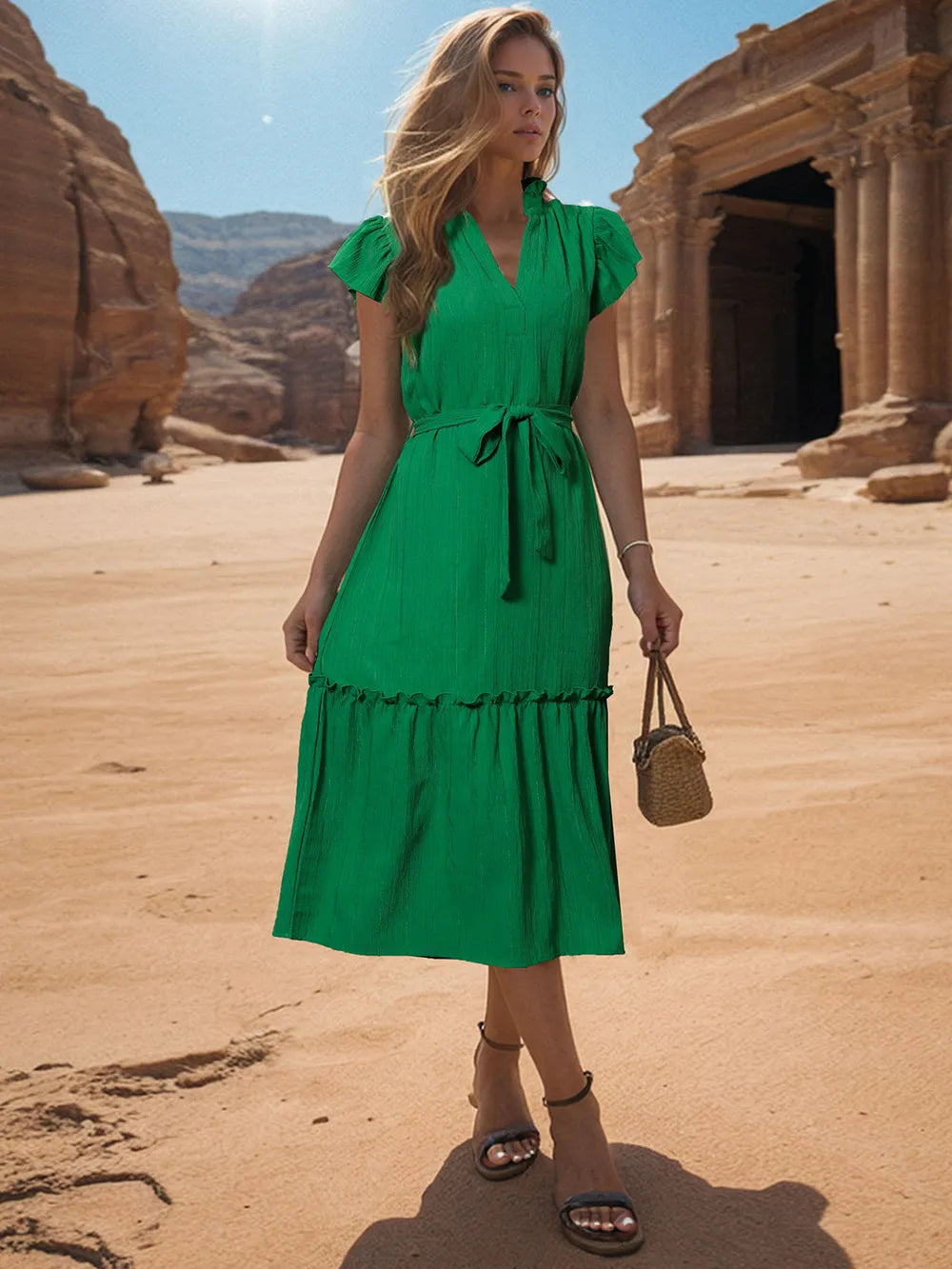 Perfee Tied Notched Cap Sleeve Dress - Blushé Belle