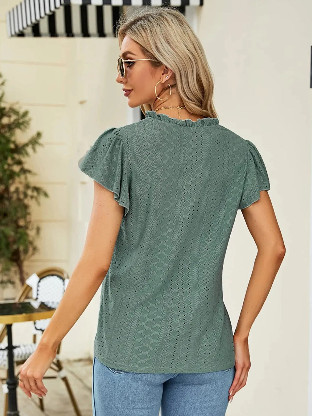 Eyelet Notched Short Sleeve T-Shirt - Blushé Belle