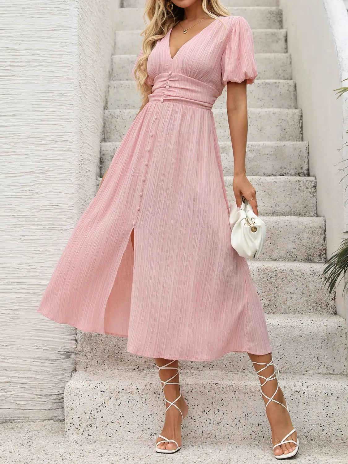 V-Neck Puff Sleeve Dress - Blushé Belle