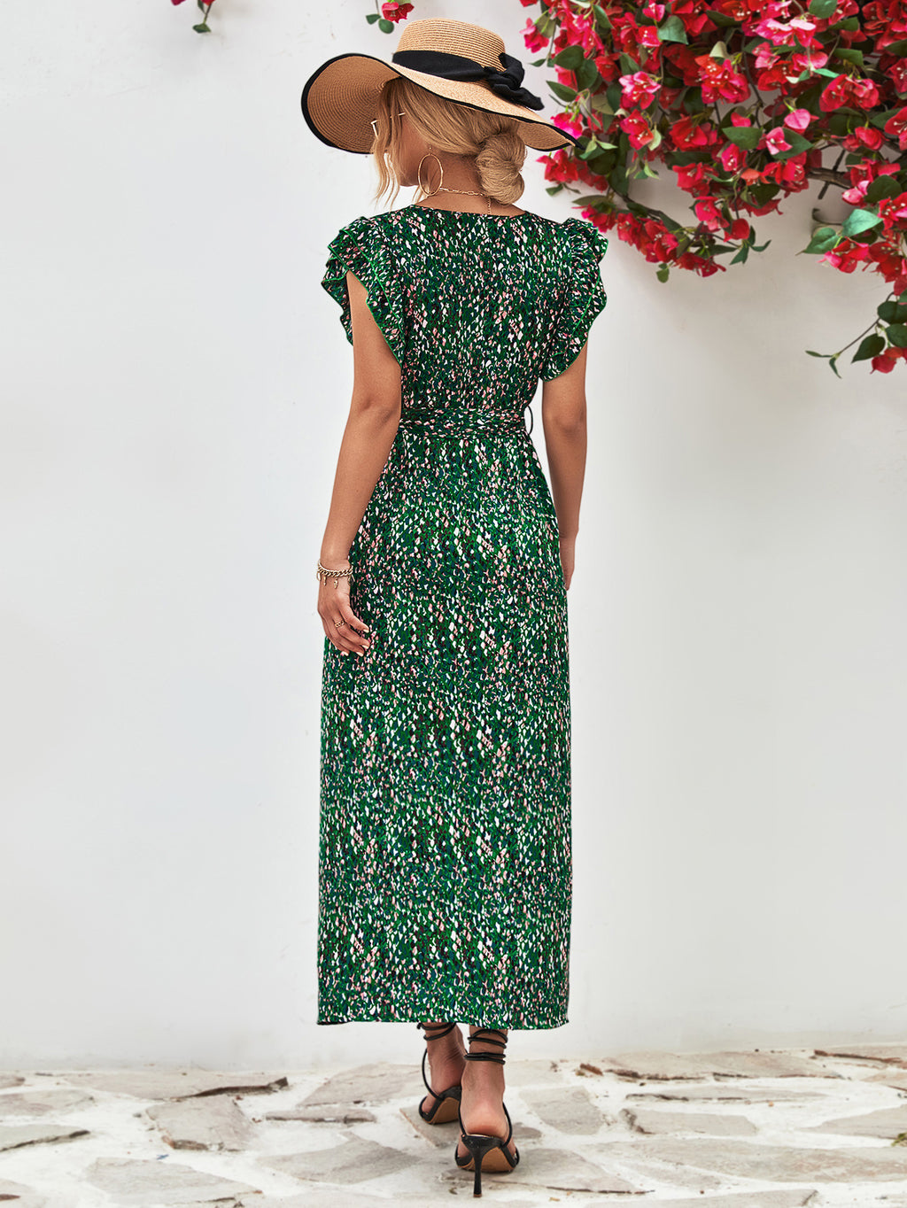 Printed Surplice Neck Flutter Sleeve Slit Dress - Blushé Belle