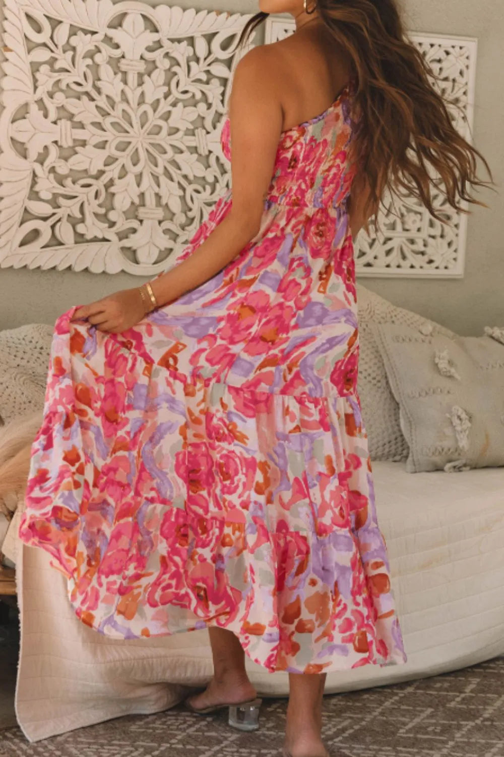 Floral Print Shirred One Shoulder Maxi Dress - Blushé Belle