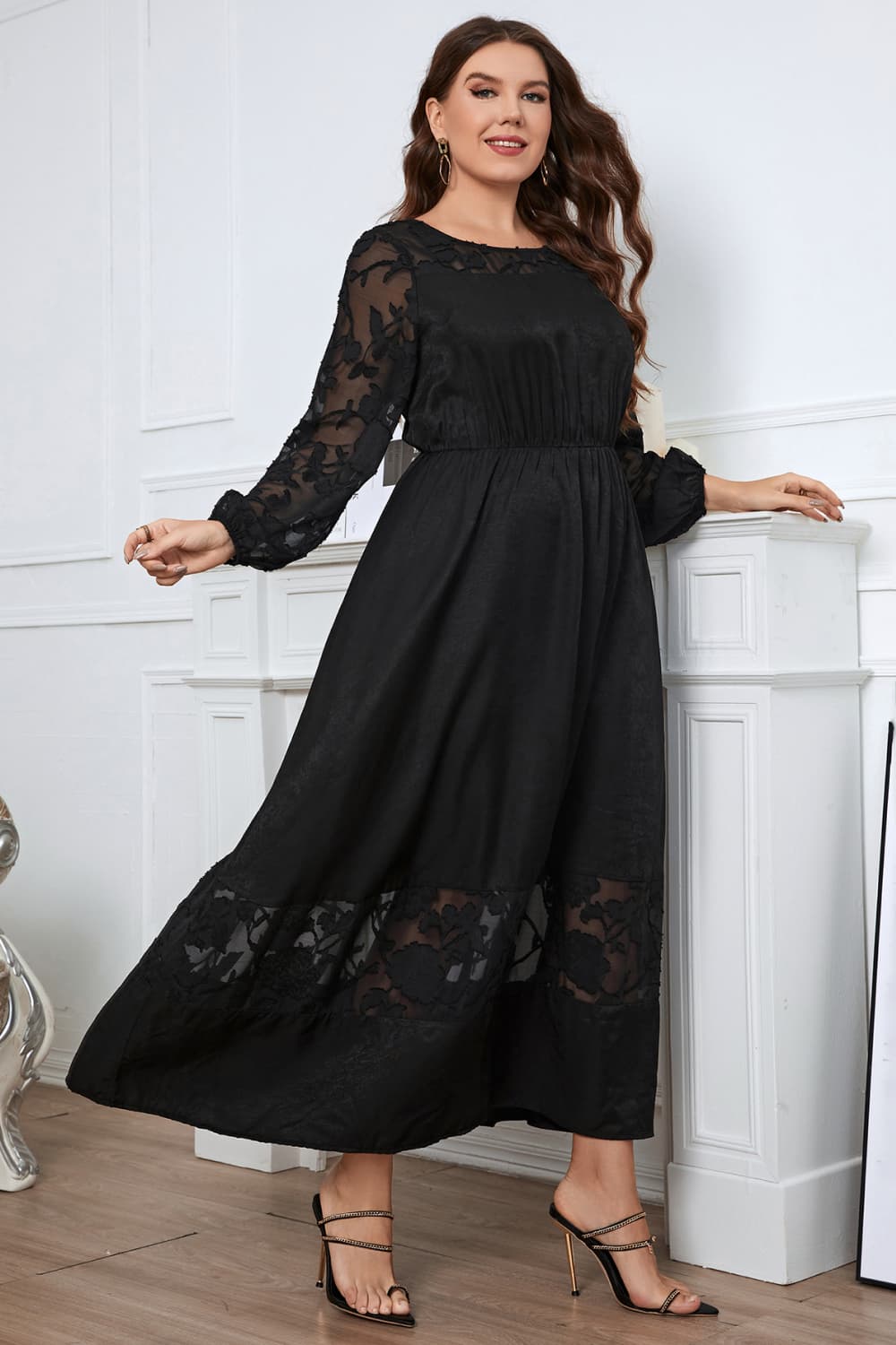 Honey Melo Apparel Plus Size Embroidery Round Neck Long Sleeve Maxi Dress - Blushé Belle