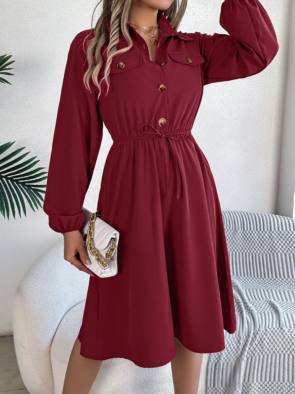 Collared Neck Long Sleeve Dress with Pockets - Blushé Belle