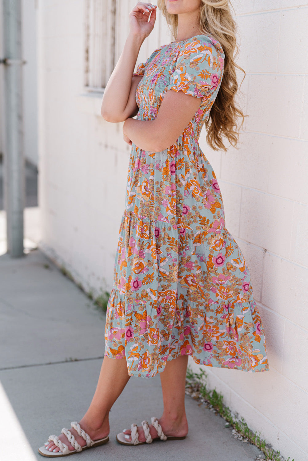 Floral Flounce Sleeve Round Neck Midi Dress - Blushé Belle