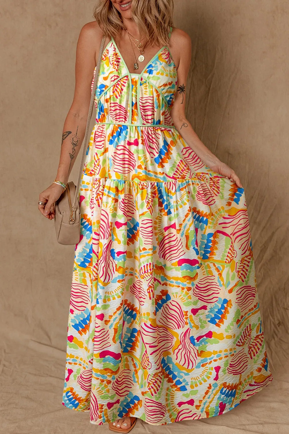 Abstract Print Spaghetti Strap Piping Detail Maxi Dress - Blushé Belle
