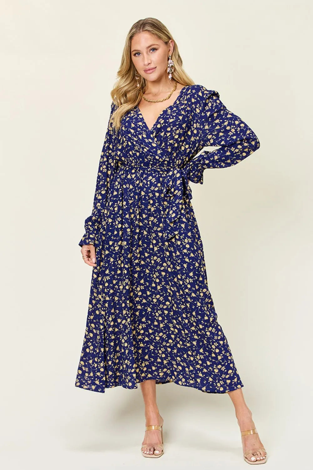 Double Take Full Size Tie Back Flounce Sleeve Dress - Blushé Belle