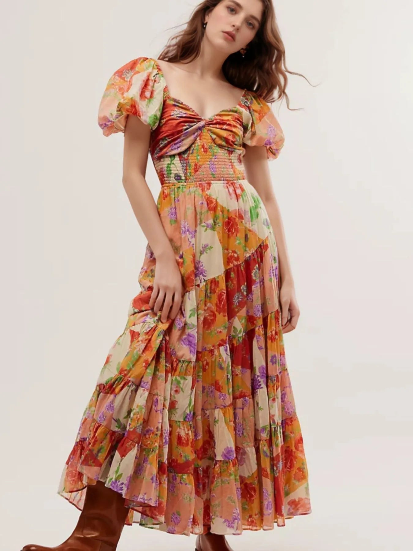 Printed Sweetheart Neck Puff Sleeve Maxi Dress - Blushé Belle