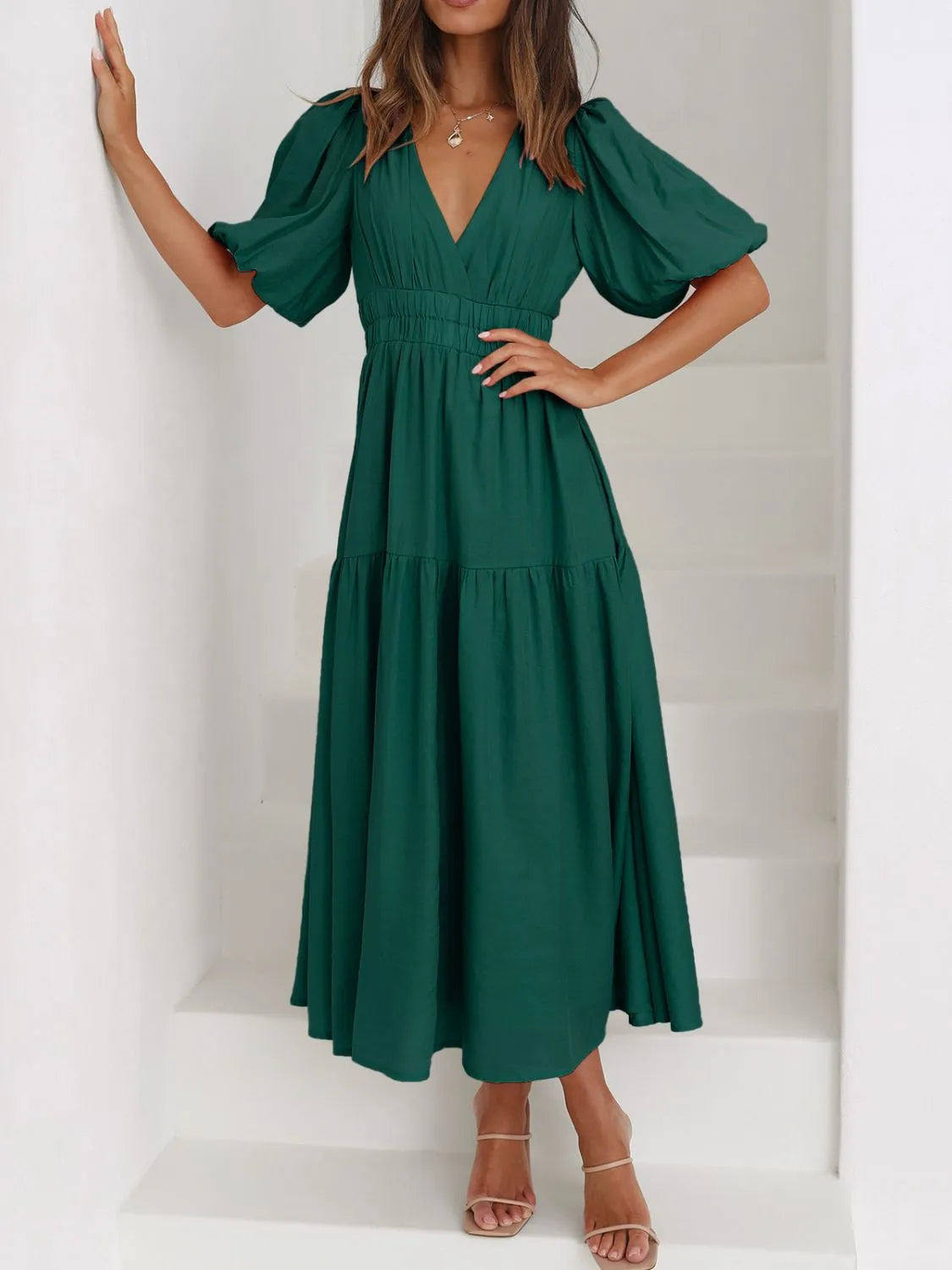 V-Neck Puff Sleeve Midi Dress - Blushé Belle