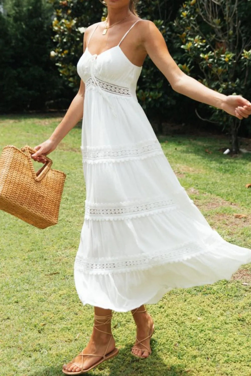Lace Detail Smocked Midi Cami Dress - Blushé Belle