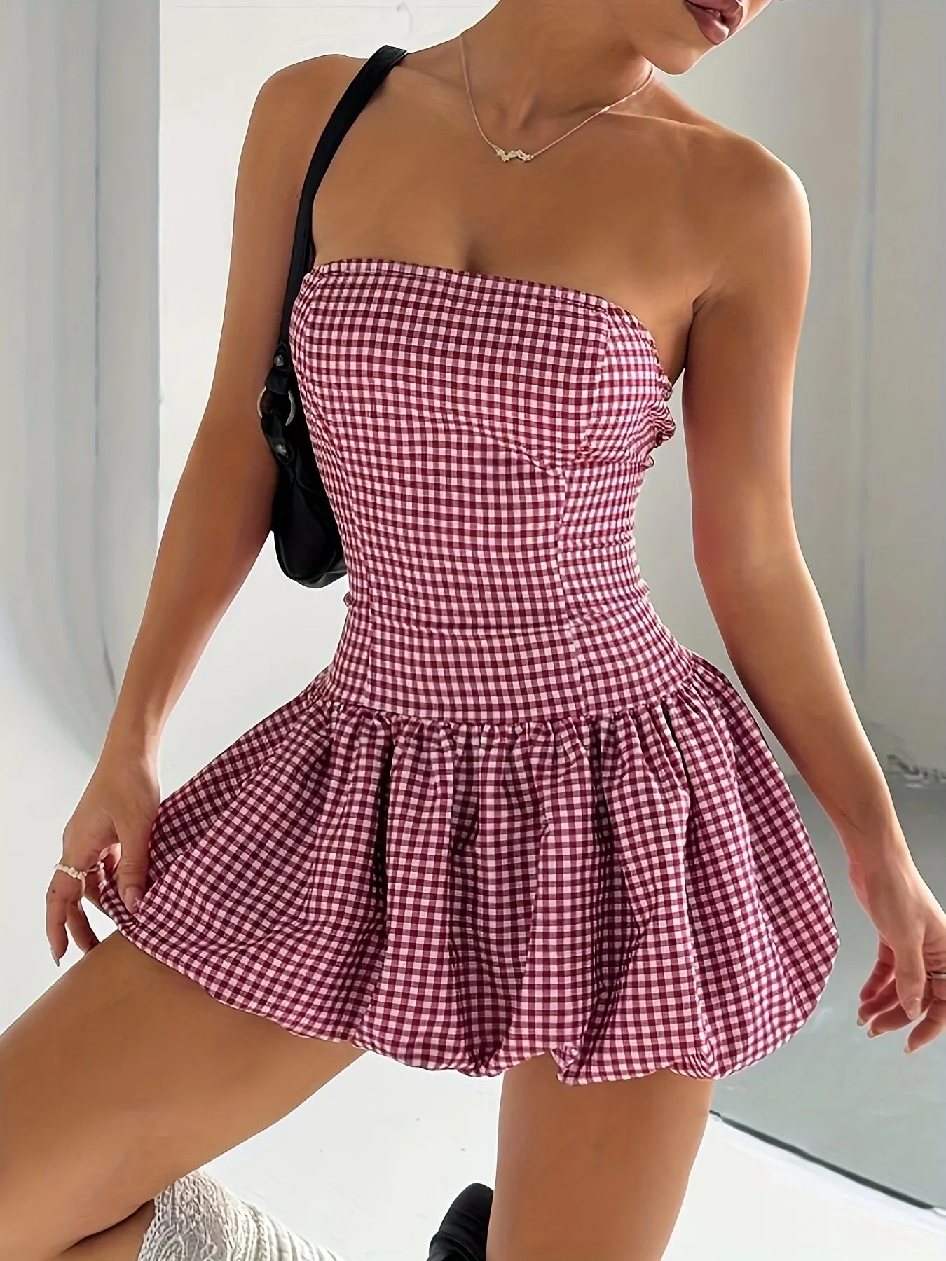 Gingham Tube Bubble Hem Mini Dress - Blushé Belle