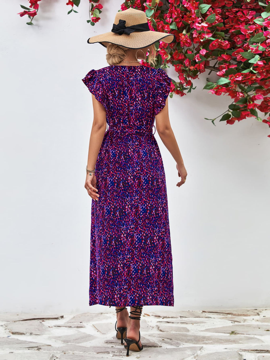 Printed Surplice Neck Flutter Sleeve Slit Dress - Blushé Belle