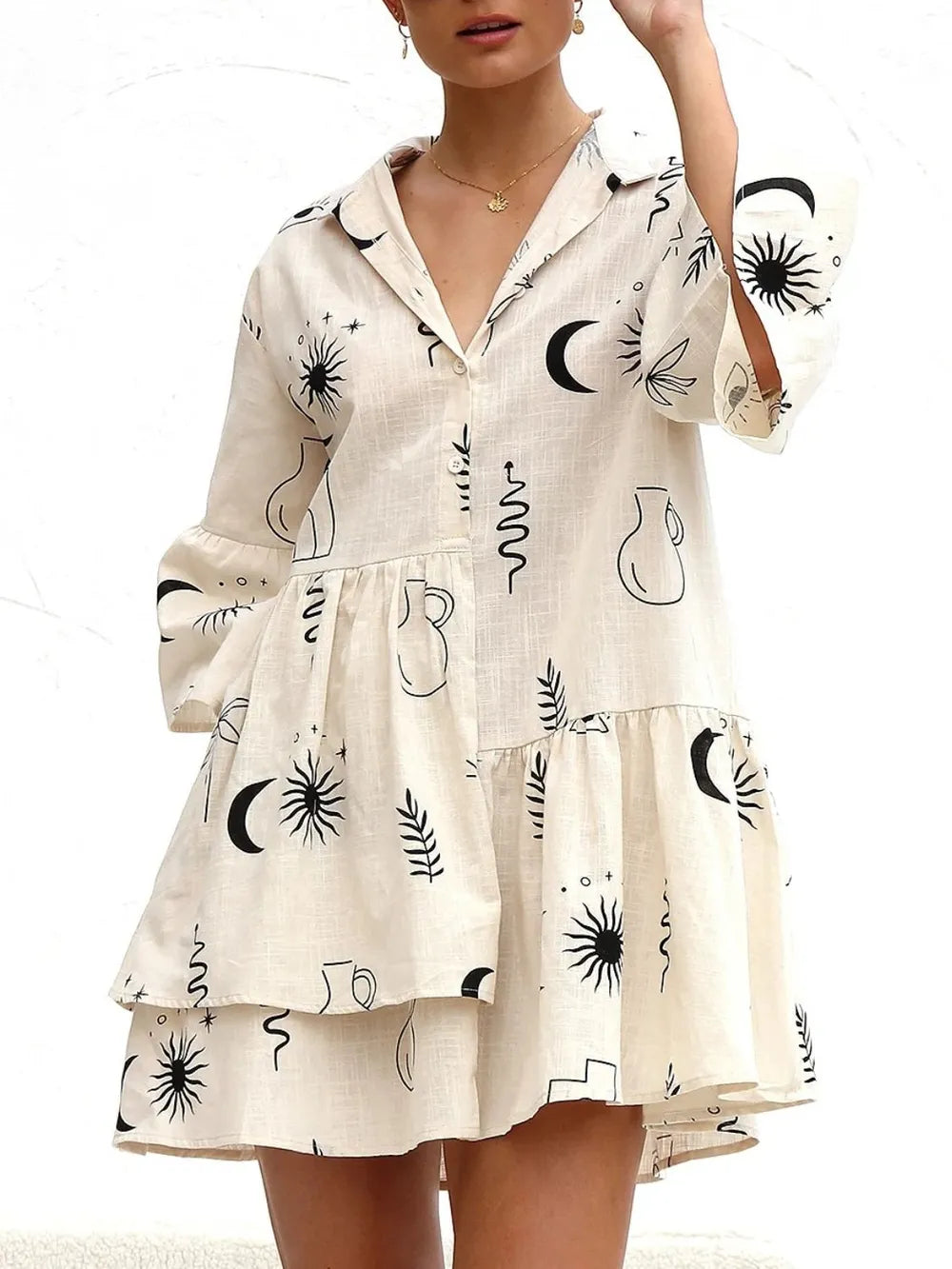 Printed Collared Neck Three-Quarter Sleeve Mini Dress - Blushé Belle