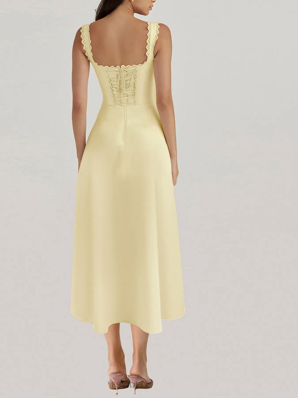 Scalloped V-Neck Midi Dress with Back Lace-Up - Blushé Belle