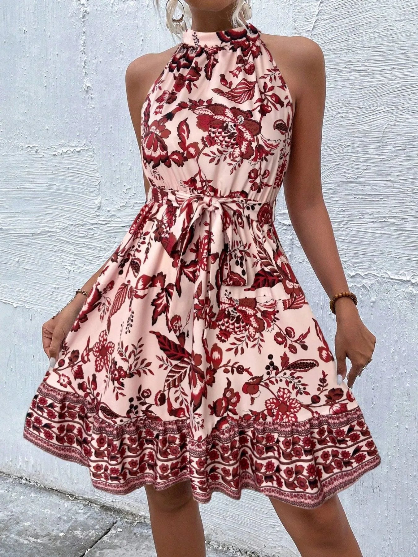 Floral Halter Neck Summer Dress with Belt - Blushé Belle