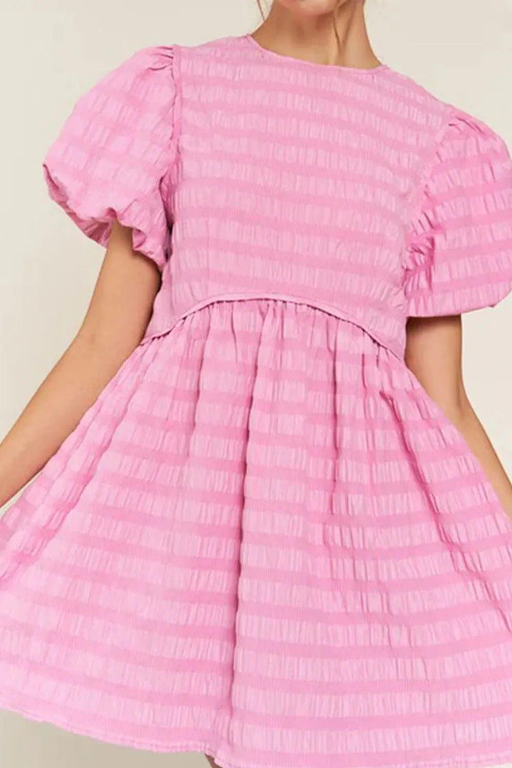 Textured Round Neck Puff Sleeve Mini Dress - Blushé Belle