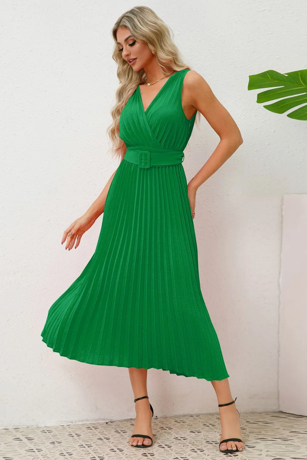 Surplice Sleeveless Midi Pleated Dress - Blushé Belle